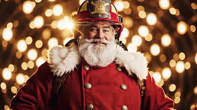 Smiling santa claus dressed as a firefighter wearing a helmet and red uniform with fur trim against a bokeh background of golden lights