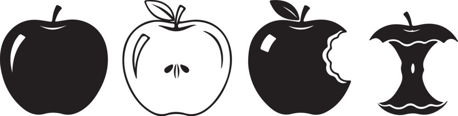 Sequence of apples from whole to eaten to core Keywords: apple, fruit, food, eating, bitten, core, whole, half, cut, seed, healthy, organic, fresh, natural, nutrition, on transparent background