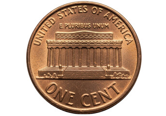 United states one cent coin showing the lincoln memorial building on the reverse, isolated on transparent background
