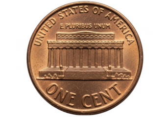 United states one cent coin showing the lincoln memorial building on the reverse, isolated on transparent background