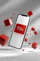 Smartphone mockup displaying sale notification with floating red cubes, modern gradient background, showcasing vibrant digital marketing concept