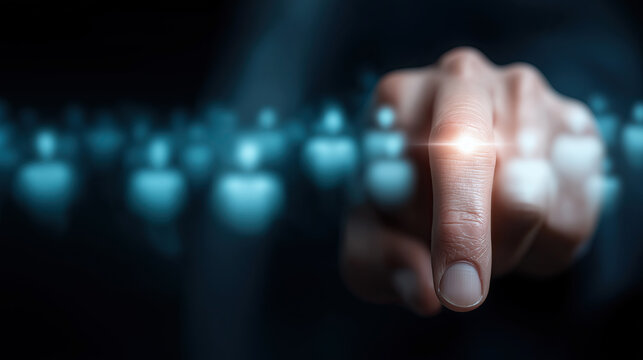 Business professional selects candidate from diverse workforce using strategic pointing gesture.