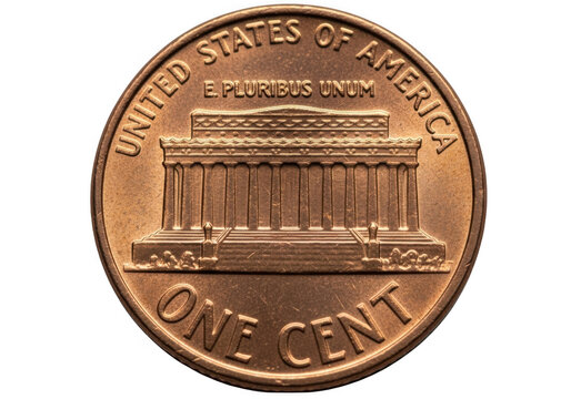 United states one cent coin showing the lincoln memorial building on the reverse, isolated on transparent background