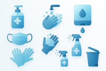 Essential healthcare icons illustrating hygiene practices including handwashing, sanitization, and protective equipment conveying safety and cleanliness in modern healthcare settings