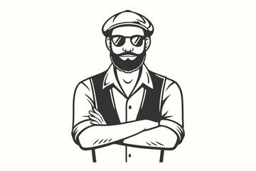 Bearded man wearing sunglasses and a flat cap stands confidently with arms crossed