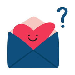 Curious Heart Letter. Minimal vector illustration of open letter with cute heart character peeking out with question mark. Simple romantic quiz concept.