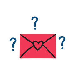 Sealed Love Letter. Minimal vector illustration of closed envelope with heart seal surrounded by questions. Simple romantic mystery concept.