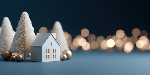 Miniature festive house decoration surrounded by winter trees and warm lights.