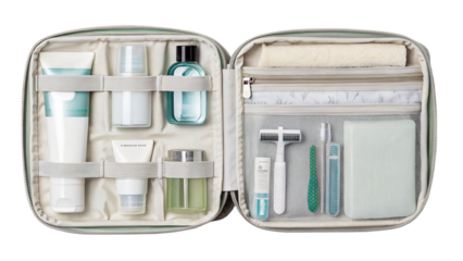 An open toiletry bag filled with various travelsized cosmetic and personal hygiene products, isolated on transparent background