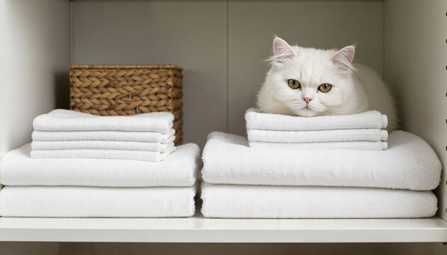 White cat relaxing on clean towels in a wardrobe