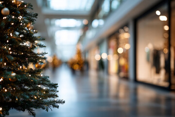 Fototapeta premium Christmas tree adorned with lights in a shopping mall, wide-angle view showcasing a bright, festive atmosphere with blurred storefronts and holiday decorations in the background