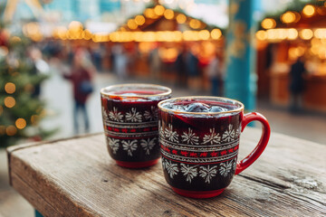 Two festive red mugs filled with aromatic mulled wine resting on a rustic wooden table, surrounded by a vibrant Christmas market atmosphere with twinkling lights and holiday cheer