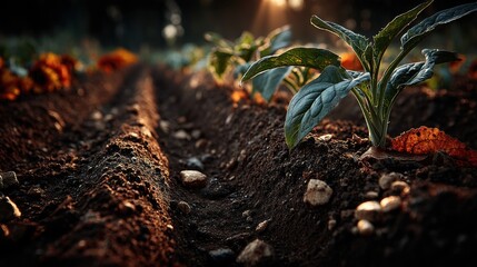 Rich brown garden soil texture with furrows in golden hour light for gardening blog background, plant nursery branding and agricultural website design

