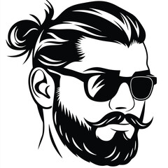 Bearded man with a top knot and sunglasses displays a bold, confident style in monochrome