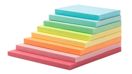 A staircase of colorful sticky notes in ascending order, isolated on transparent background