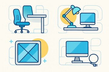 Contemporary workspace illustration featuring sleek furniture design, ergonomic chair, illuminated desk lamp, modern computer setup, square window framing and harmonious color composition