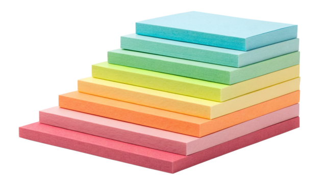 A staircase of colorful sticky notes in ascending order, isolated on transparent background