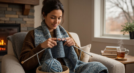 Woman knitting at home by fireplace, enjoying quiet time indoors creating handmade scarf. Knitting provides comfort, and this scene features yarn, needles, and cozy armchair.