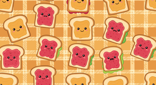 A cute seamless pattern of happy cartoon toast slices with peanut butter, strawberry jam, and lettuce, on a warm orange plaid background.