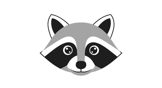 Simple black and white illustration of a cute raccoon face with its distinctive mask and pointy ears looking forward.