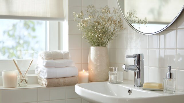 白い洗面所に小物がきちんと並べられている