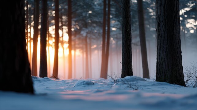 Winter sunrise in snowy pine forest with mist and warm sunlight through trees - Powered by Adobe