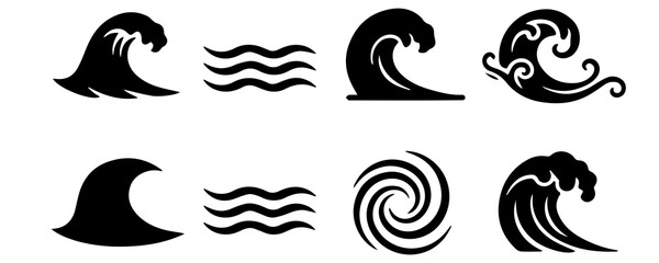 Ocean Waves, Water Swirl, and Marine Vector Glyph Icons Set