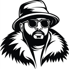 Bearded African American man with sunglasses wearing hat and furry coat looks stoic
