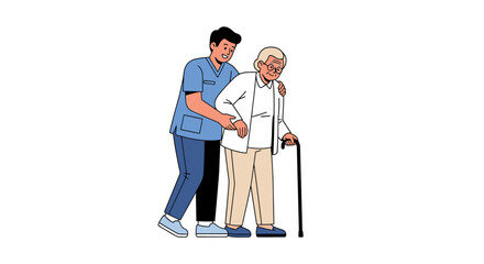 Young male nurse providing compassionate support to an elderly man with a walking cane, illustrating senior healthcare and assistance