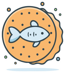 Vector icon of a fish flavored cracker. Cute cartoon drawing of a round seafood snack or pet food treat.