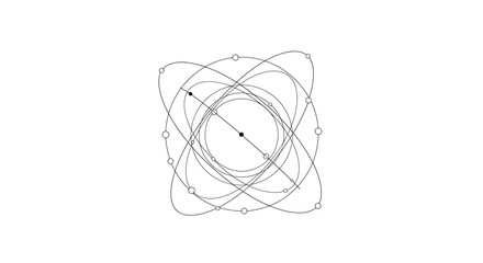 Abstract geometric representation of atomic structure and orbital paths with central nucleus and orbiting electrons