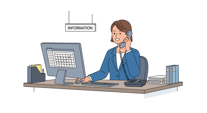 Friendly female receptionist providing professional customer service and essential information, communicating effectively with clients in a modern office environment while managing tasks on a computer