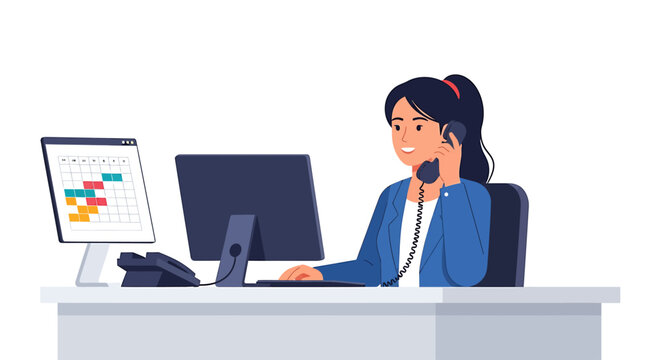 Businesswoman on the Phone at Her Desk, Working with Computer and Calendar for Scheduling
