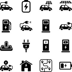 Electric Vehicle (EV) Charging, Battery, and Solar Energy Vector Icon Set