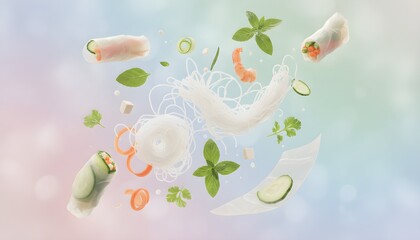Dynamic studio shot capturing the vibrant essence of deconstructed food, showcasing fresh spring roll ingredients elegantly floating against a soft, blurred pastel background