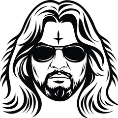 A stylized face with long hair and a cross on the forehead looks ahead