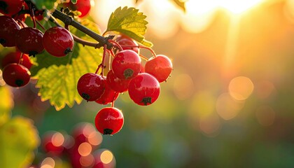 A cluster of bright red currants hang from a leafy branch, illuminated by the warm glow of the setting sun.