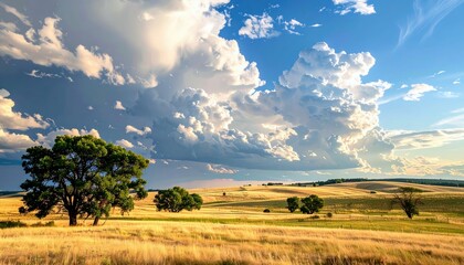 Obraz premium A vast, golden field stretches towards rolling hills under a dramatic sky filled with towering cumulus clouds and scattered trees.