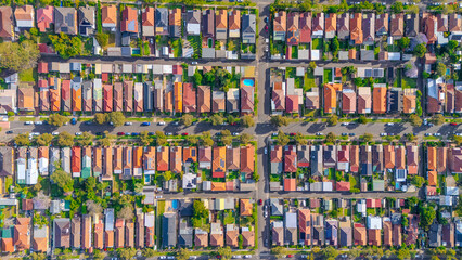 Fototapeta premium Aerial Panorama Drone View of a inner western Sydney Suburb of Ashbury Urban Sprawl and the terracotta roof tops streets and trees of Suburban Sydney NSW Australia