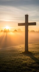 A wooden cross stands alone in a foggy field during sunrise, creating a peaceful and contemplative atmosphere with warm light and soft mist