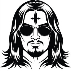 A man with long flowing hair wears sunglasses in this stylized portrait