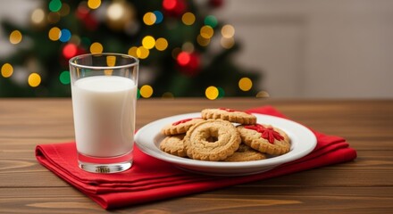 Classic Christmas cookies and milk setup, cozy and festive holiday mood