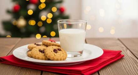 Classic Christmas cookies and milk setup, cozy and festive holiday mood