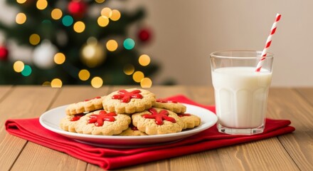 Classic Christmas cookies and milk setup, cozy and festive holiday mood