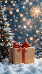 A beautifully wrapped gift box with a red ribbon sits on snow, surrounded by Christmas trees and sparkling lights in a festive winter setting.