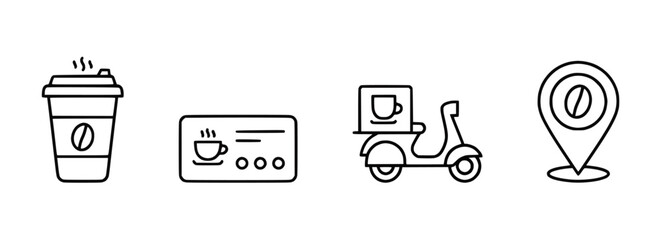 Modern line art vector icons depicting essential coffee shop services, including takeaway cups, customer loyalty cards, efficient scooter delivery, and precise coffee bean location pins