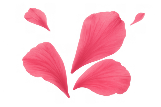 Pink flower petals scattering, creating a light and airy romantic floral design element for various concepts, on transparent background
