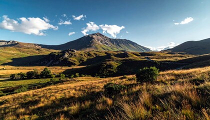 A vast landscape featuring rolling hills covered in golden grass, a prominent mountain in the background, and a clear blue sky dotted with white clouds.