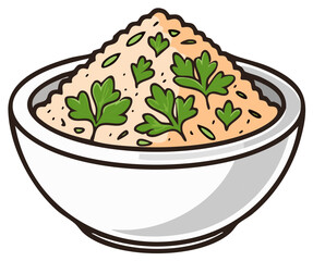 Hand-drawn cartoon bowl filled with savory rice and fresh green parsley sprigs, simple food illustration