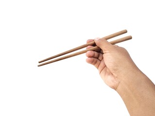 Man hand holding wooden chopsticks isolated on white background 